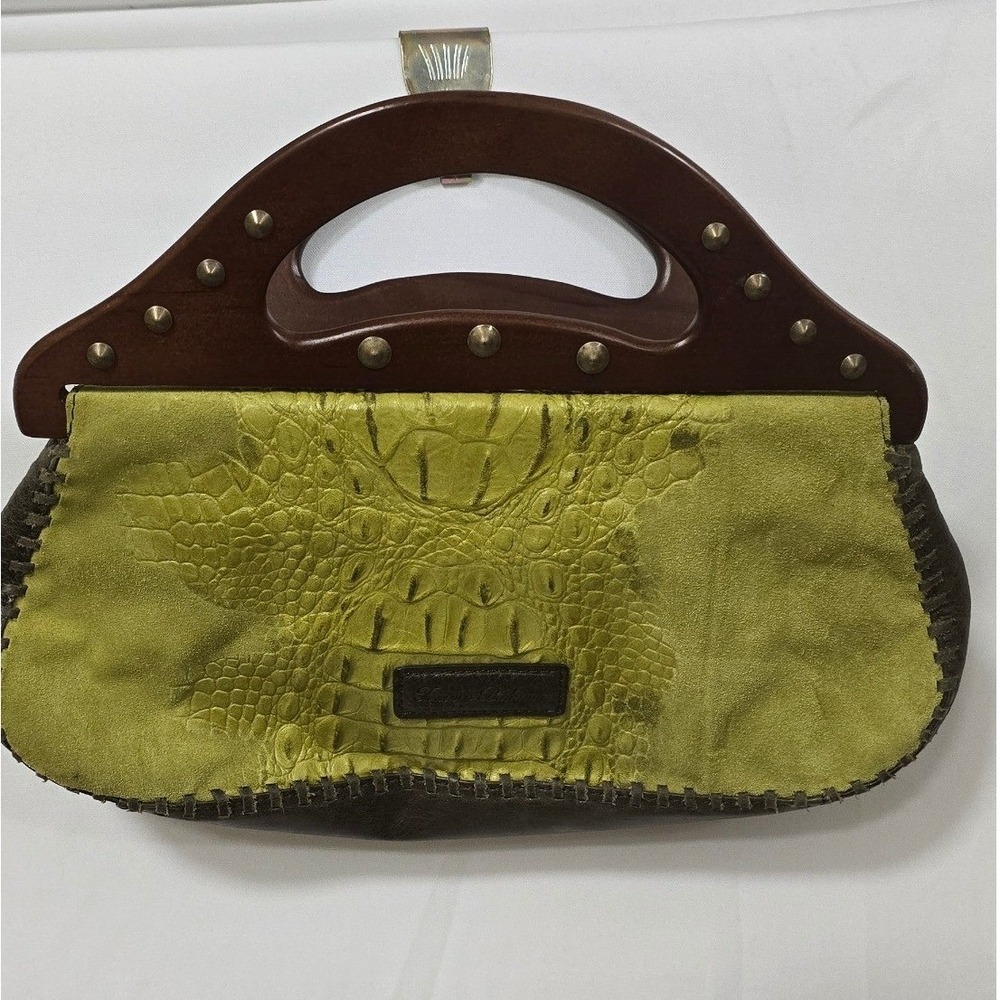 Y2K Vintage Tommy Bahama green suede purse women small wood handle handbag boho